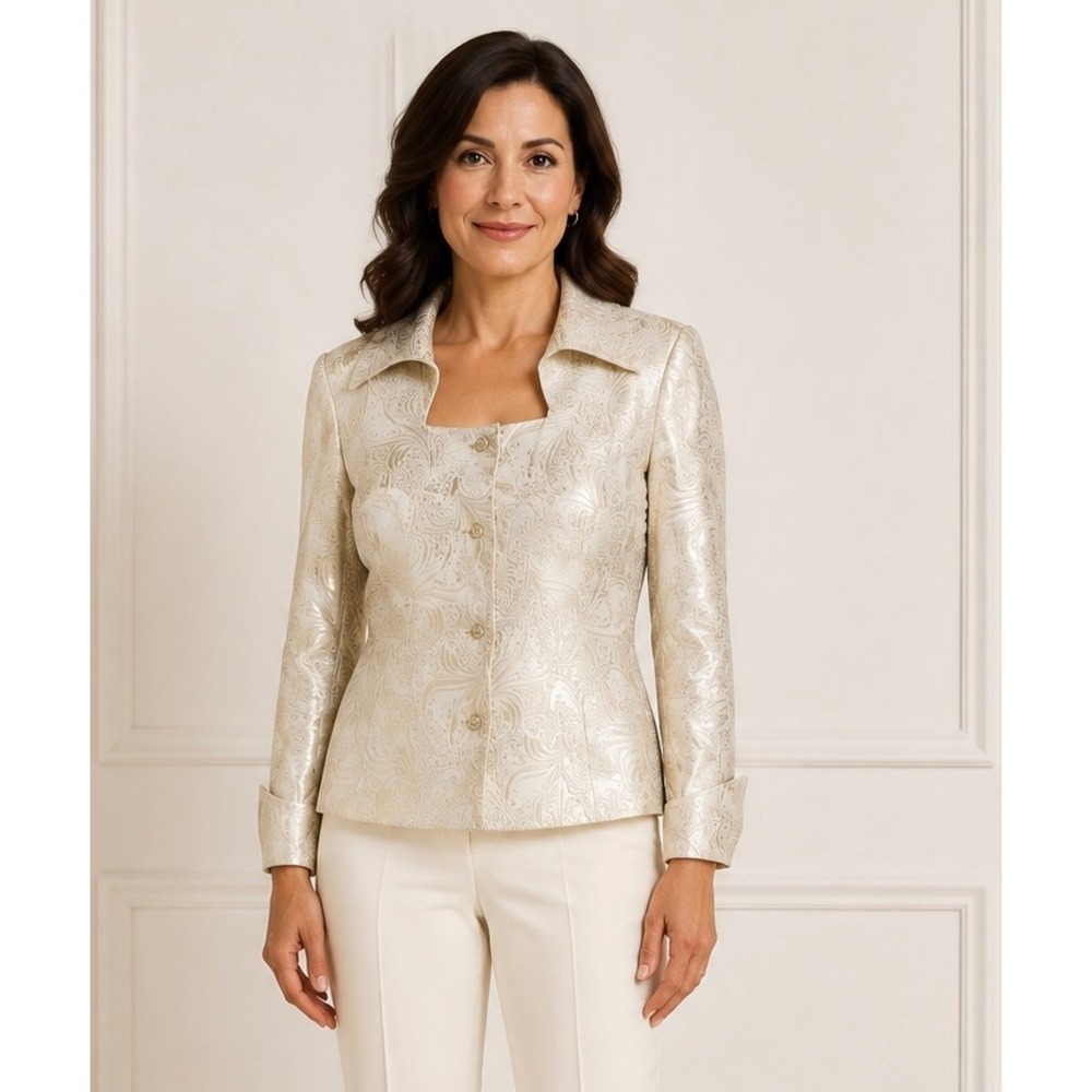 Cachet Gold Cream Jacquard Brocade Evening Jacket Rhinestone Button Size 8 #30